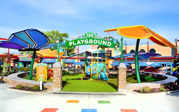 Playground entrance at Sesame Place Philadelphia with colorful play structures.