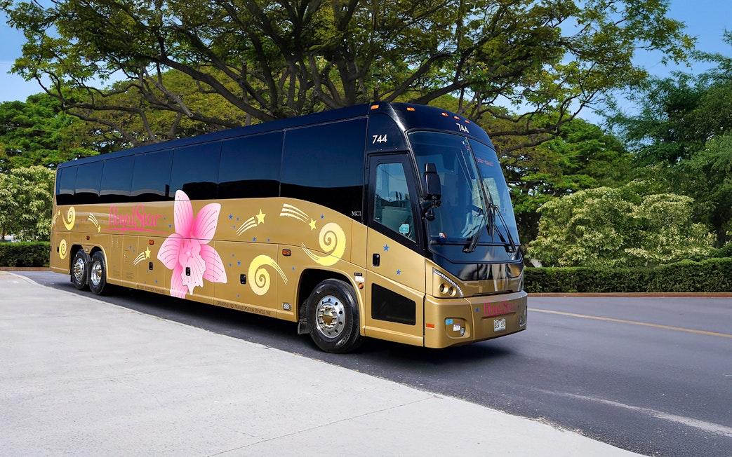 Royal Star Tour bus parked on a scenic road with lush greenery.