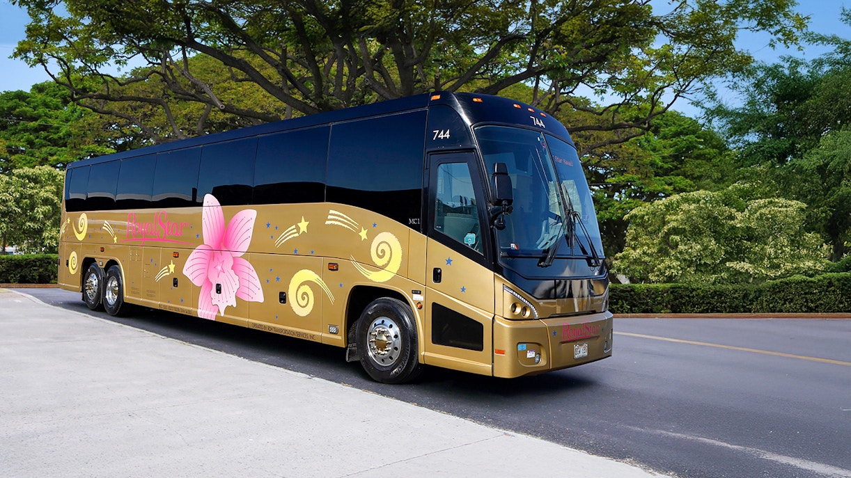 Royal Star Tour bus parked on a scenic road with lush greenery.