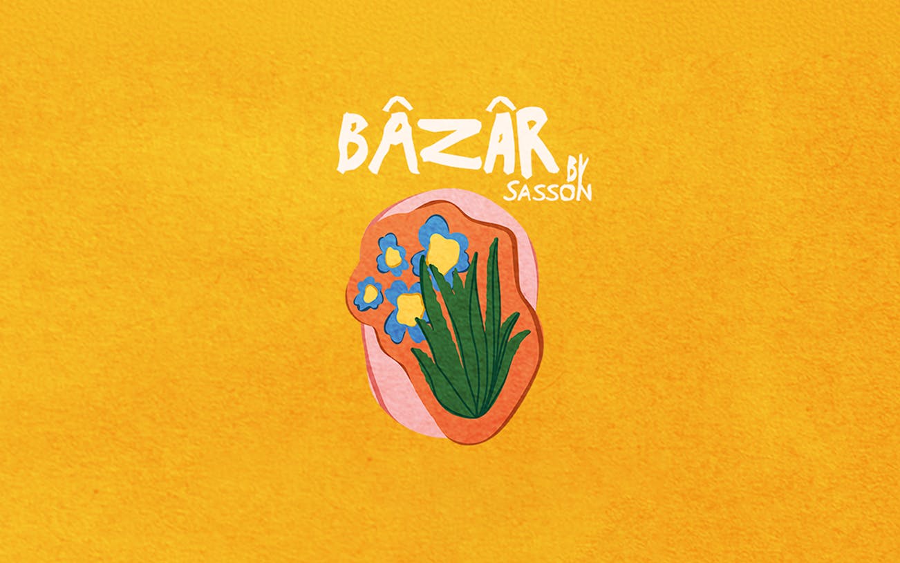 Bâzâr by Sasson Ibiza logo with floral design on yellow background.