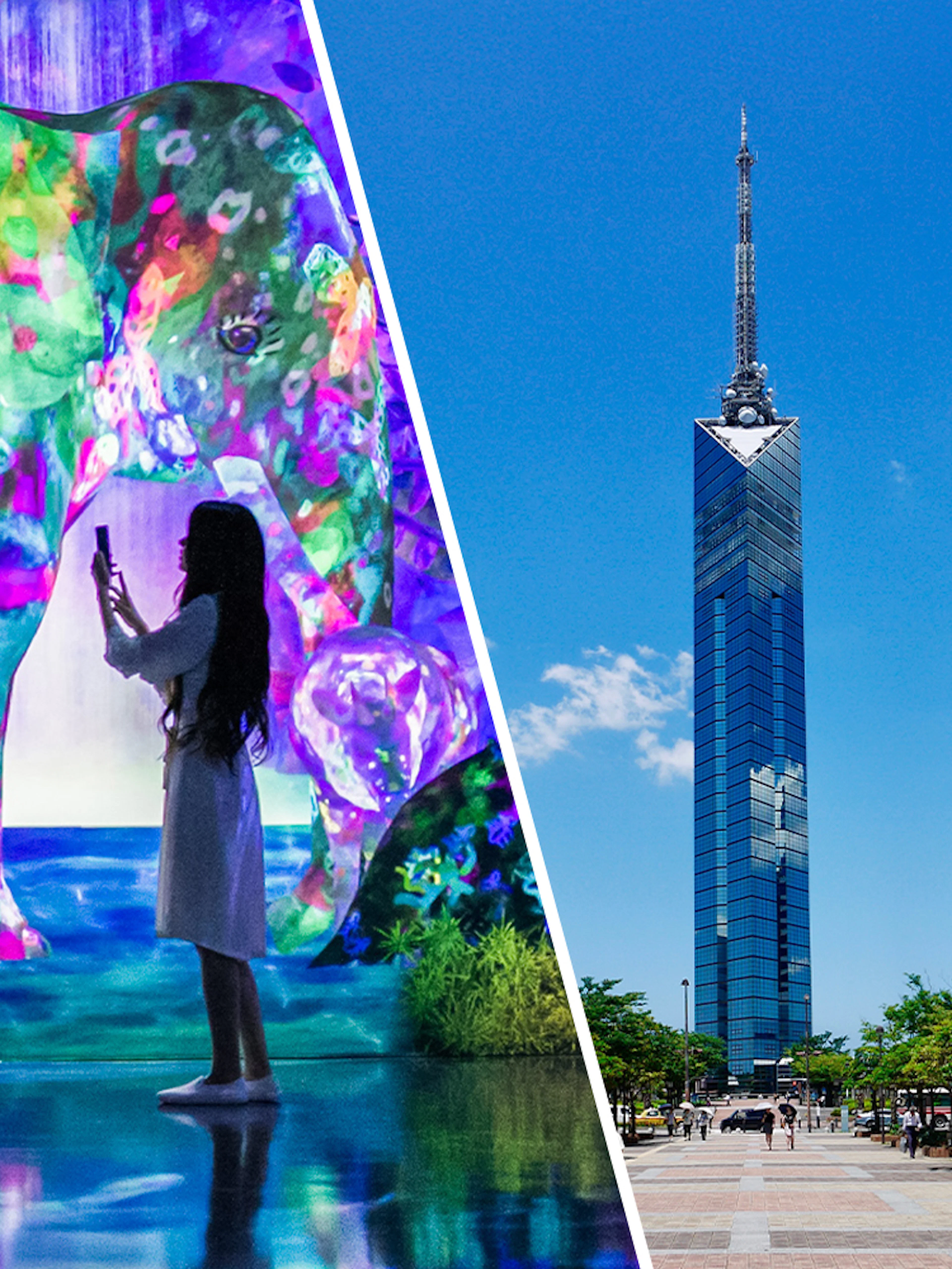 Interactive digital art at teamLab Forest and Fukuoka Tower in Fukuoka, Japan.