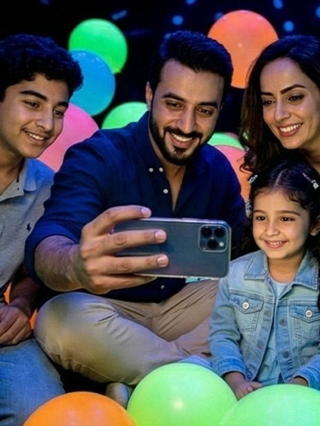 Family enjoying colorful balloon room at Dopamine Land, Dubai.