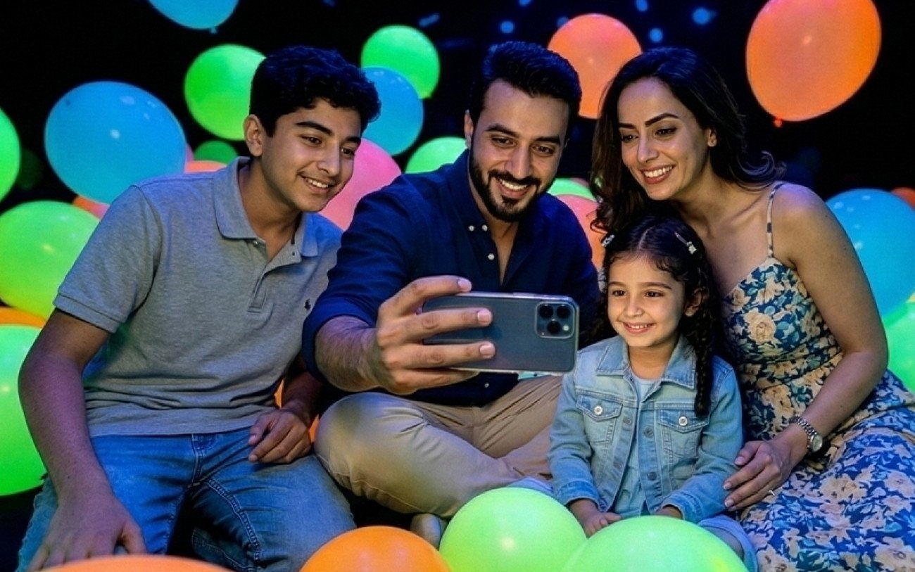 Family enjoying colorful balloon room at Dopamine Land, Dubai.