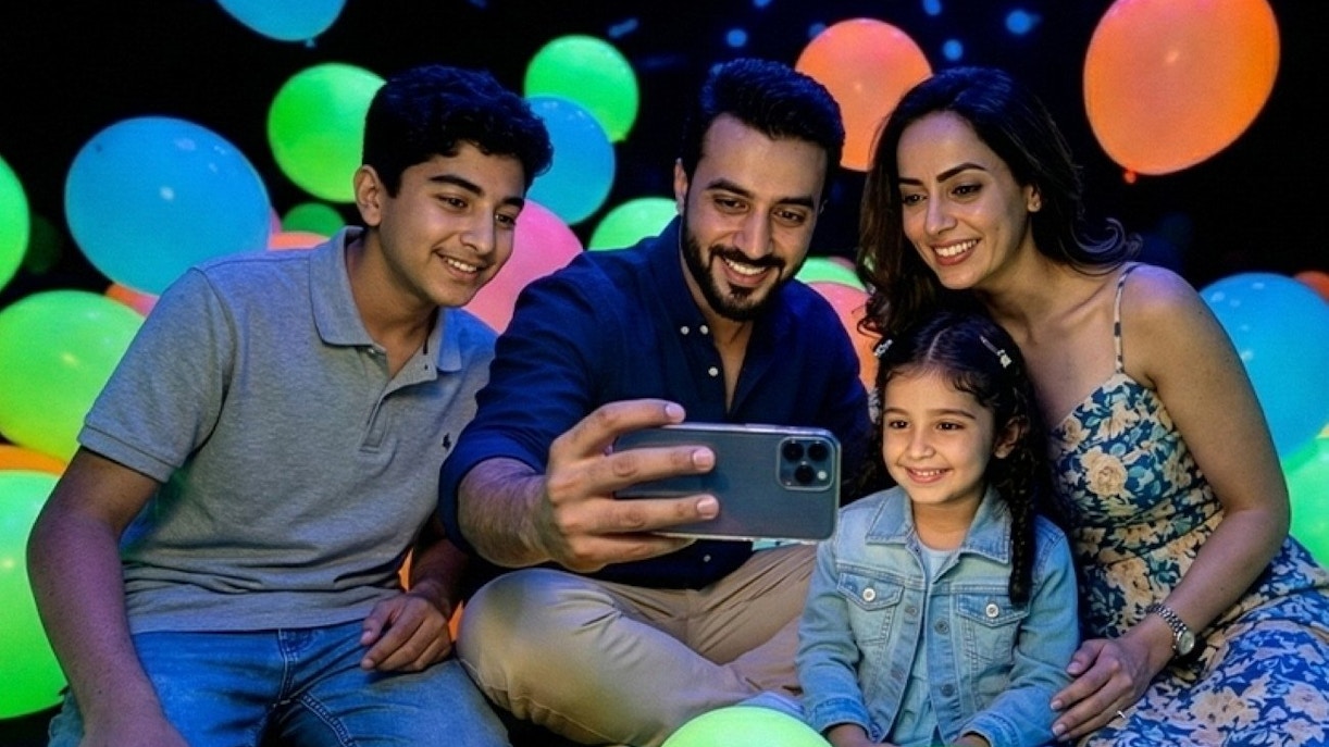 Family enjoying colorful balloon room at Dopamine Land, Dubai.