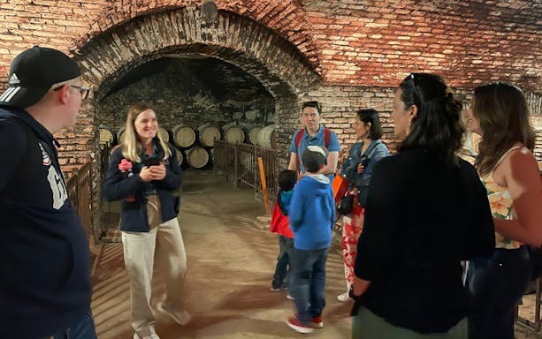 Tourist group exploring wine cellar at Concha y Toro Winery, Chile.