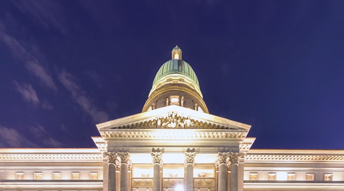National Gallery Singapore illuminated at night with palm trees in front.