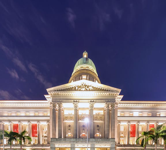 National Gallery Singapore illuminated at night with palm trees in front.
