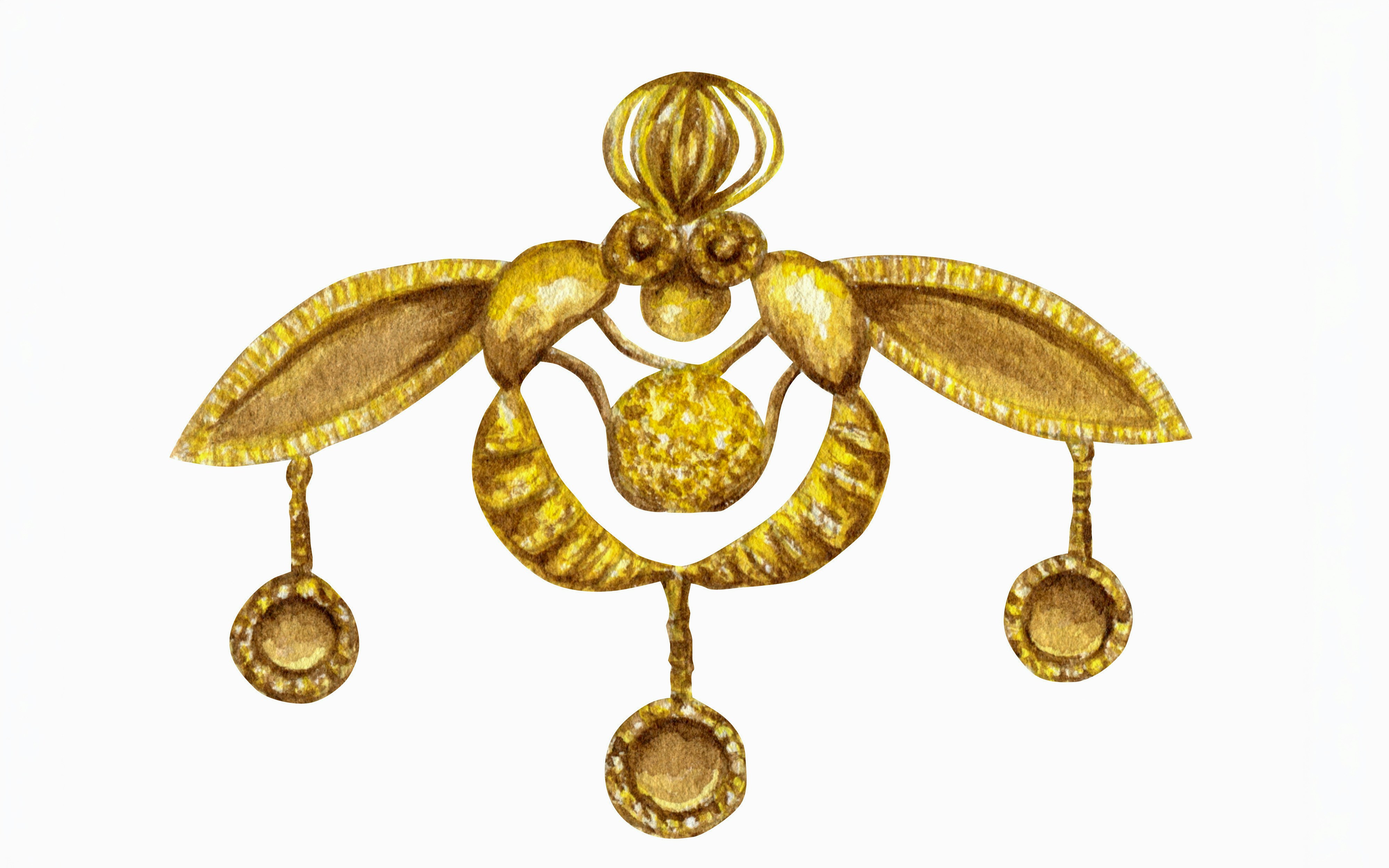 Watercolor illustration of Malia Bee Pendant, Minoan symbol, Heraklion Museum, Crete.