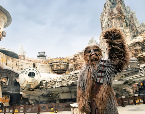 Chewbacca at Star Wars Galaxy's Edge, Disneyland Park, California, with Millennium Falcon.