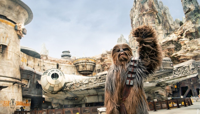 Chewbacca at Star Wars Galaxy's Edge, Disneyland Park, California, with Millennium Falcon.