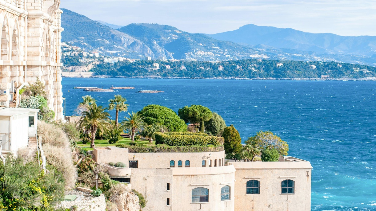 Oceanographic Museum overlooking the Mediterranean Sea with coastal landscape.