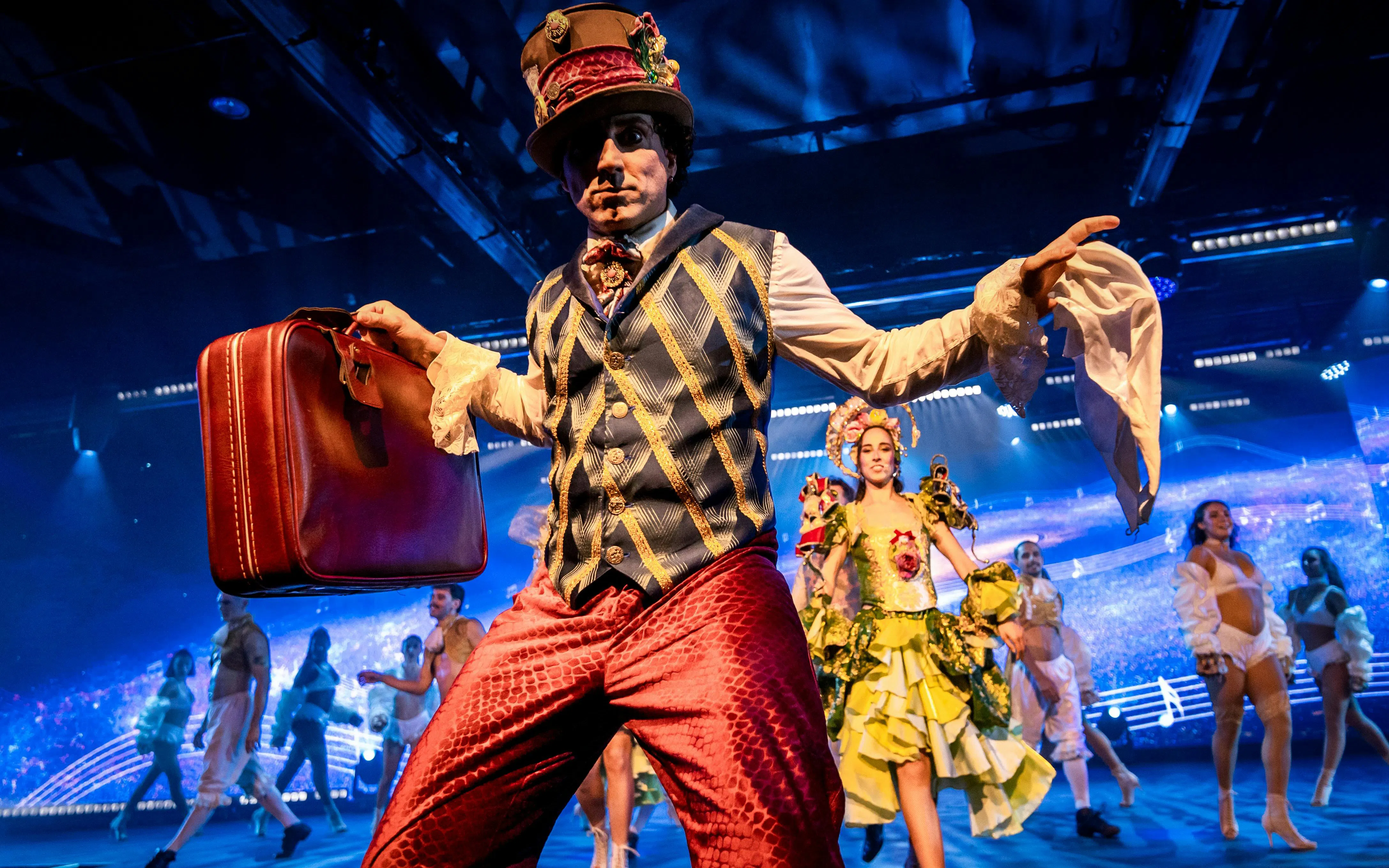 Performer in costume on stage at Sala Scala, Gran Canaria.