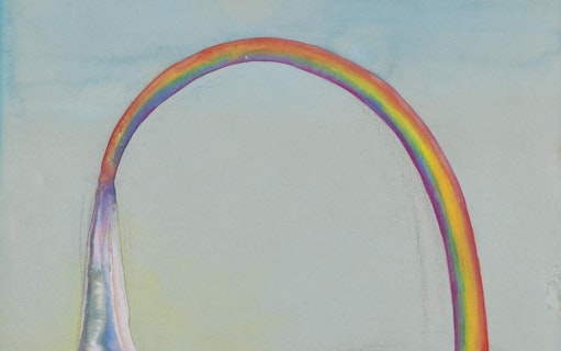 Rainbow arching over a pale sky in Ithell Colquhoun's Volcanic Landscape.