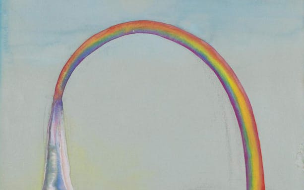 Rainbow arching over a pale sky in Ithell Colquhoun's Volcanic Landscape.