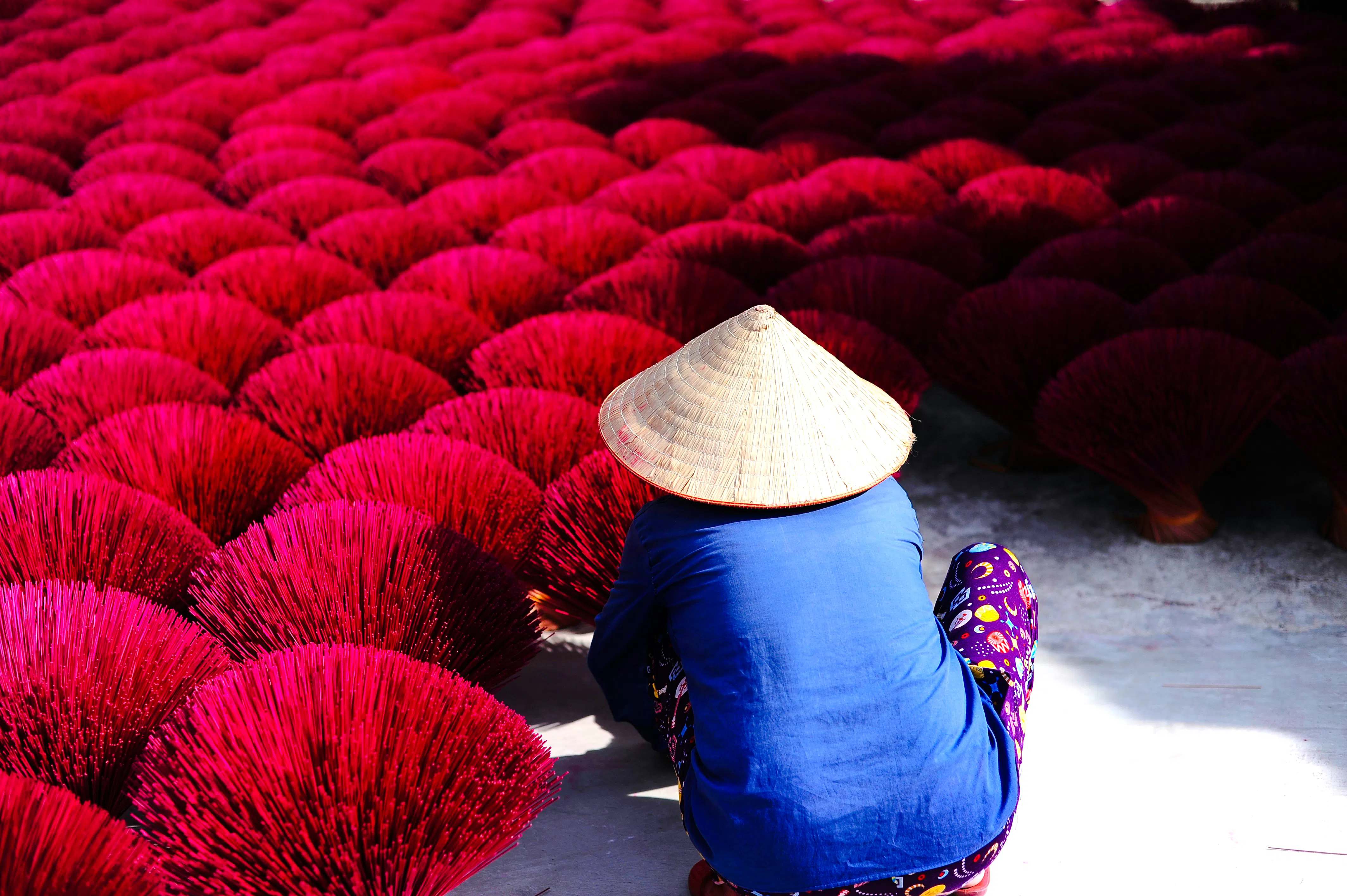 Person arranging incense sticks at Quang Phu Cau Incense Village, Hanoi.