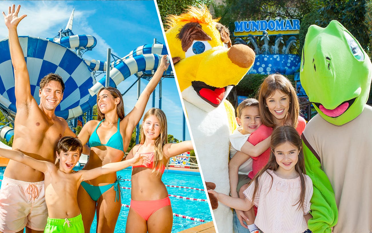 Families enjoying Aqualandia Benidorm water slides and meeting characters at Mundomar.