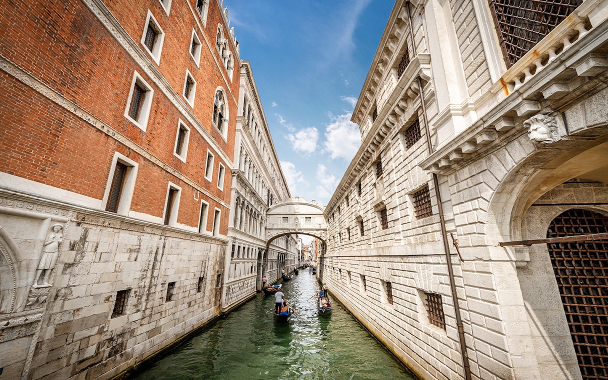 View of the Bridge of Sighs from the canal between Doge's Palace and prison in Venice.