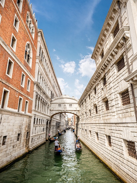 View of the Bridge of Sighs from the canal between Doge's Palace and prison in Venice.