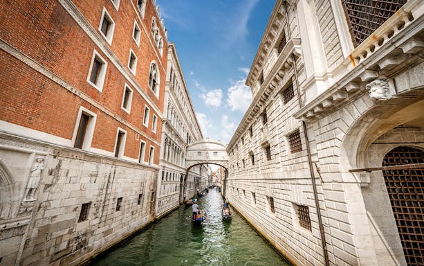View of the Bridge of Sighs from the canal between Doge's Palace and prison in Venice.