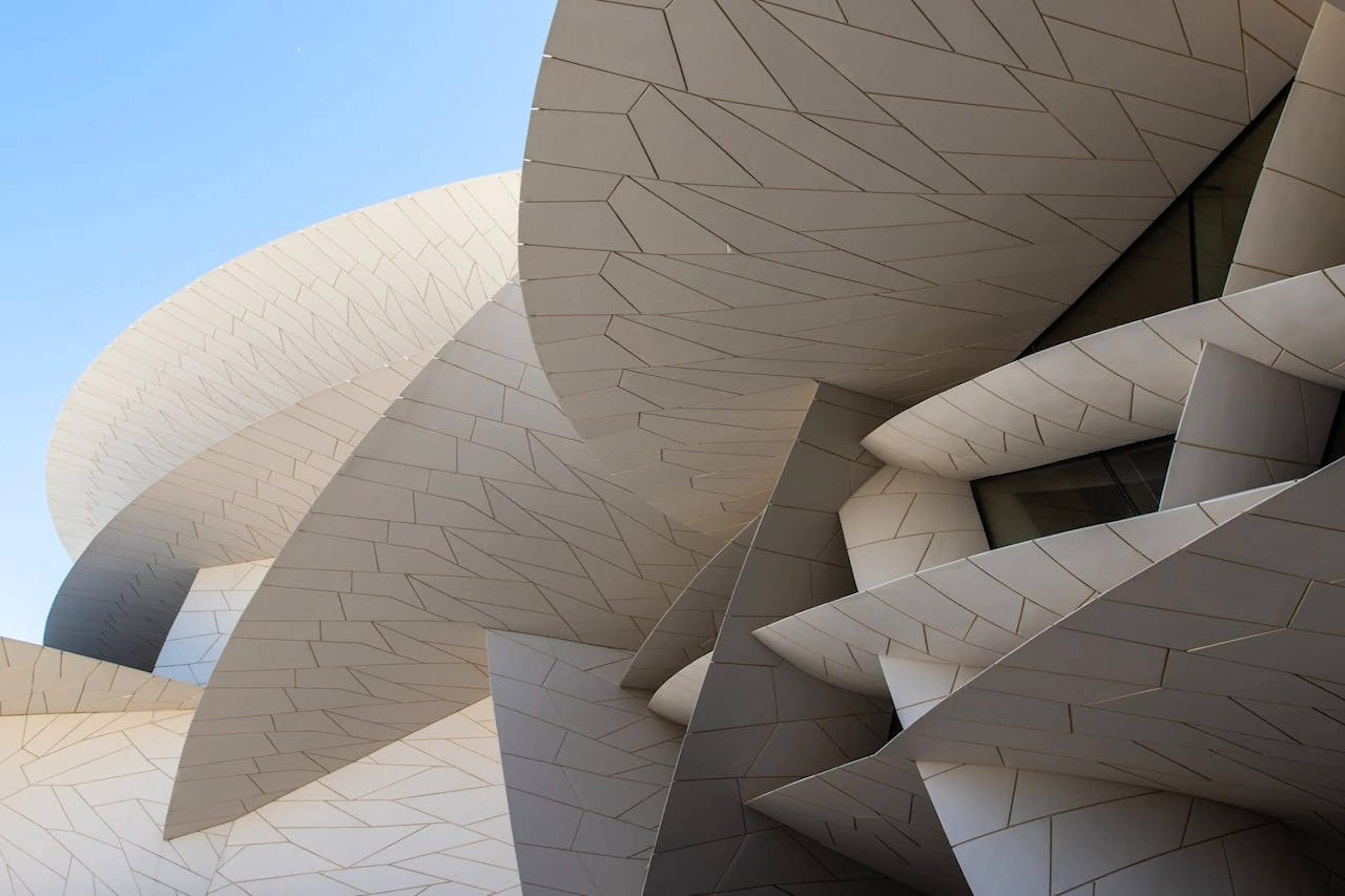 Exterior architectural detail of the National Museum of Qatar, Doha.