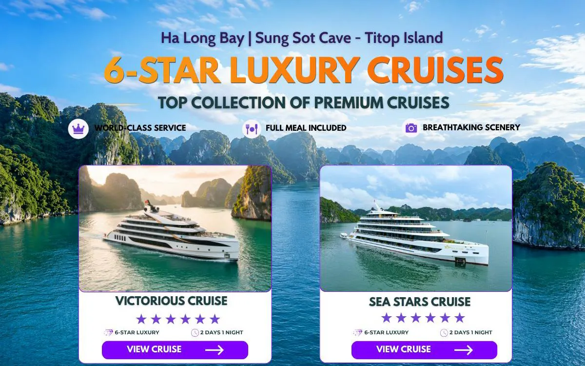 Ha Long Bay luxury cruise with views of limestone islands and Sung Sot Cave.