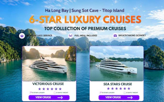 Ha Long Bay luxury cruise with views of limestone islands and Sung Sot Cave.