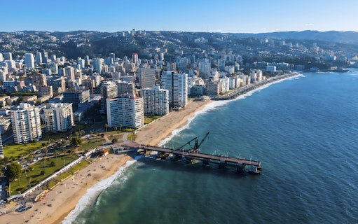 Aerial view of Muelle Vergara and beachfront in Viña del Mar, Chile.