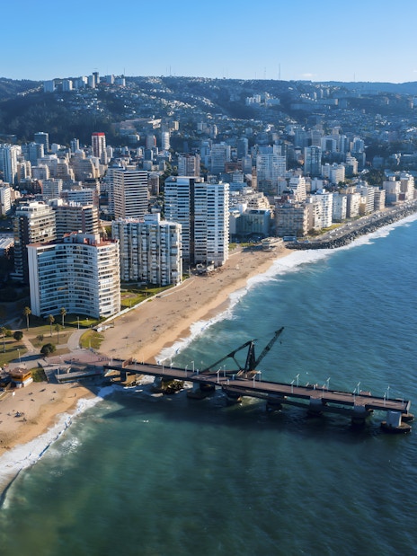 Aerial view of Muelle Vergara and beachfront in Viña del Mar, Chile.
