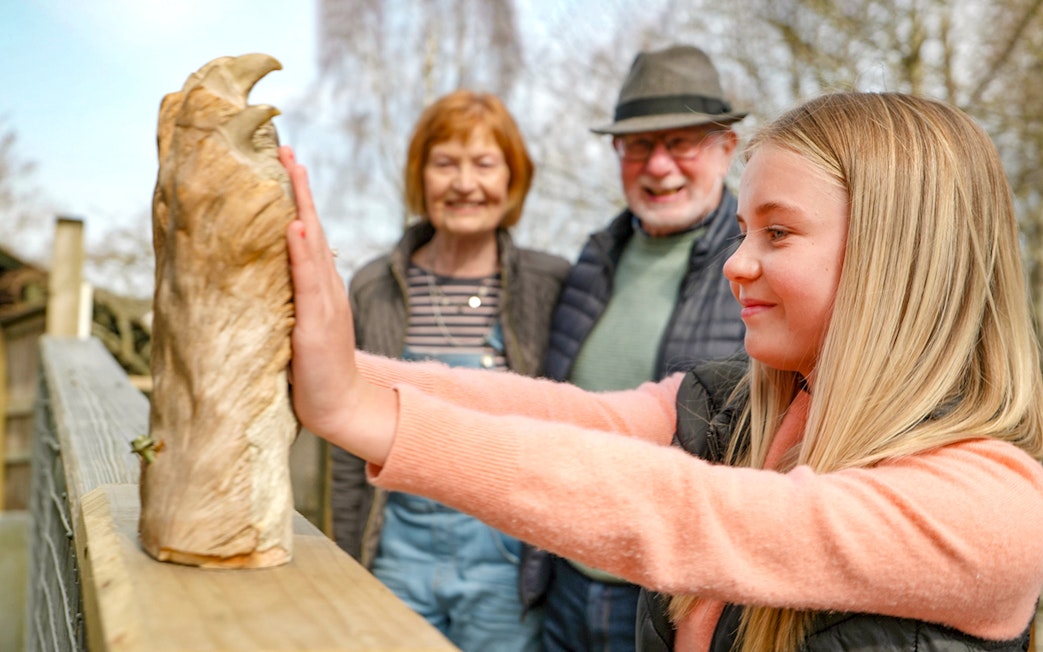 Guests interacting with a wooden sculpture at Highland Wildlife Park.