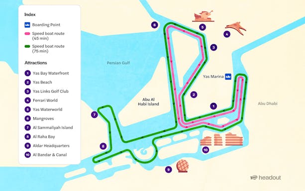 Speedboat routes map for Yellow Boat Tours Abu Dhabi, highlighting Yas Marina and nearby attractions.