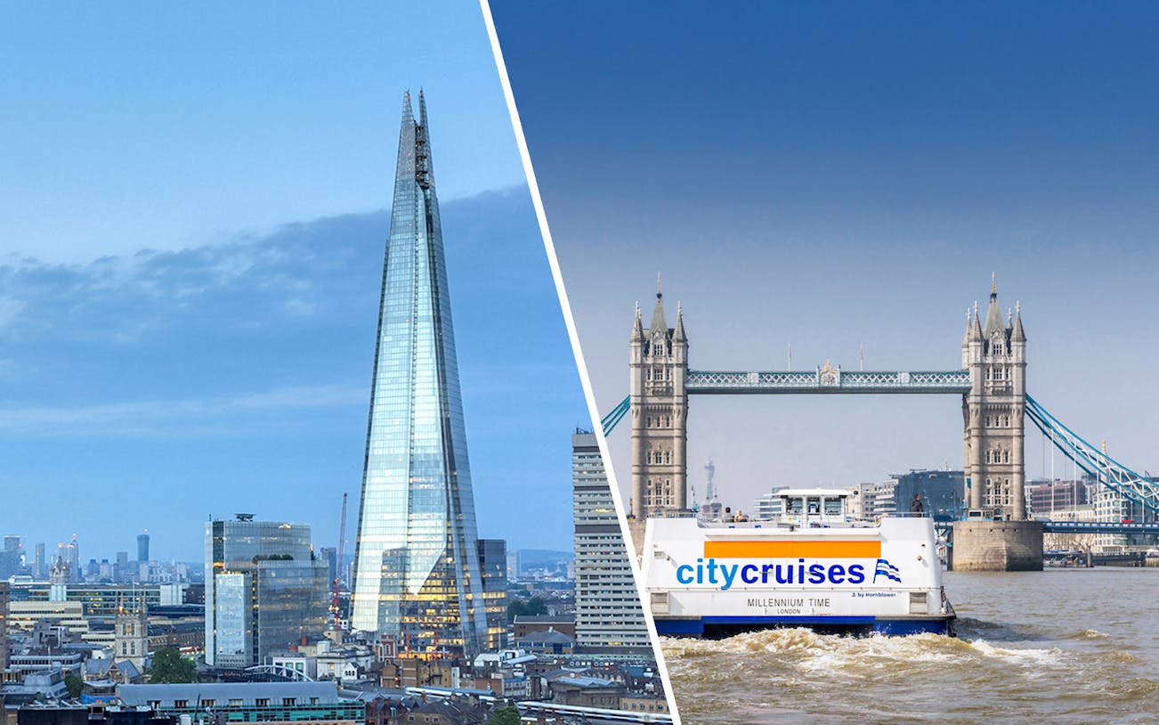 The Shard and Tower Bridge with City Cruises boat on the Thames, London.