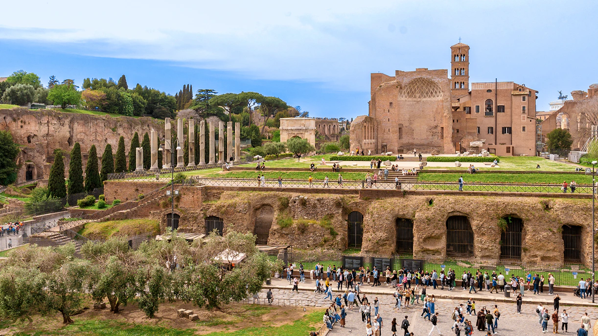 Small group tour at Palatine Hill and Roman Forum, Rome, Italy, with ancient ruins and columns.