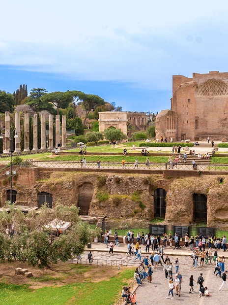 Small group tour at Palatine Hill and Roman Forum, Rome, Italy, with ancient ruins and columns.