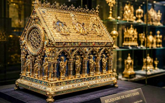 Reliquary of Saint Denis displayed in Notre-Dame treasury tour, Paris.