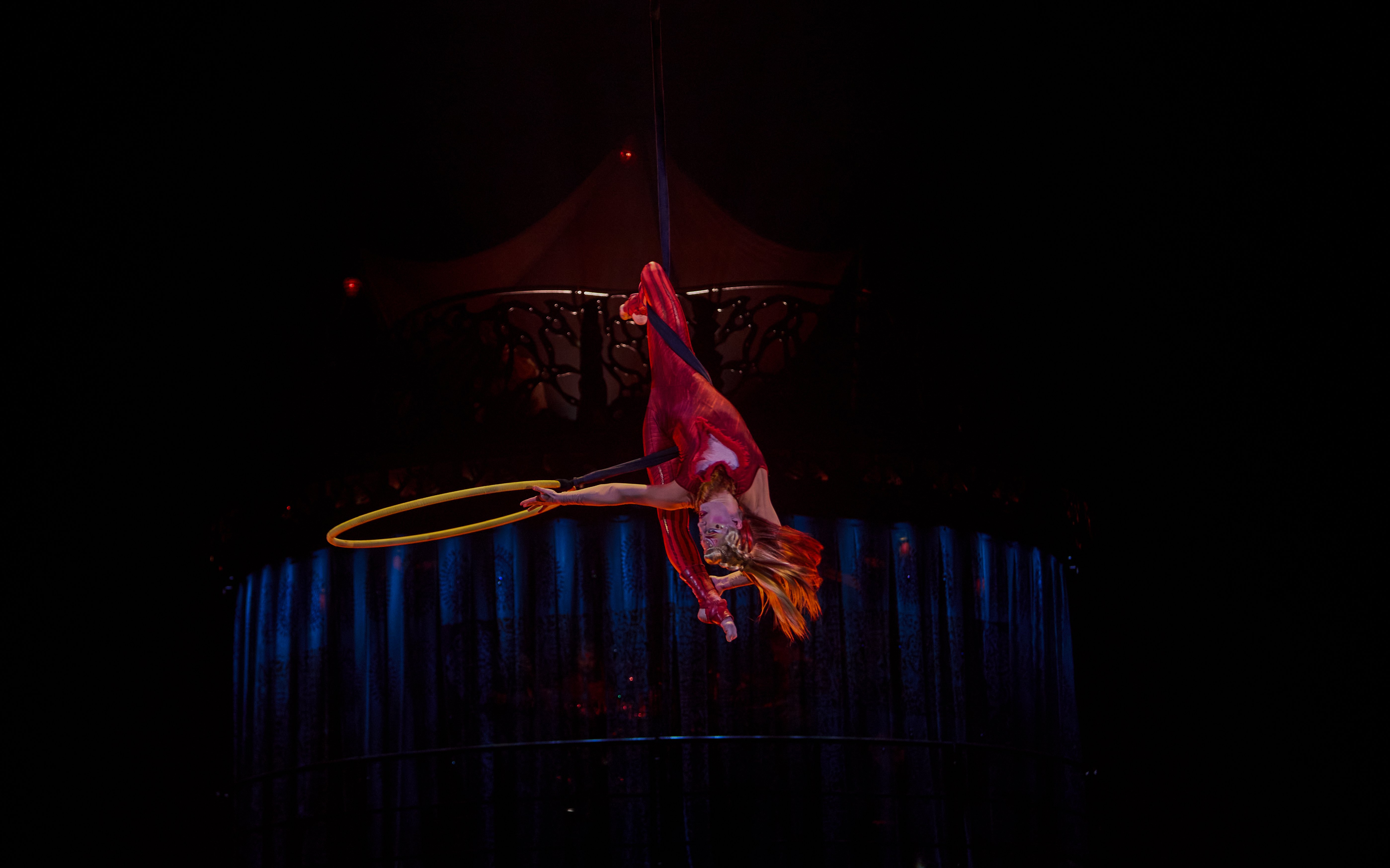Performer suspended in air during Kooza show in Brisbane.