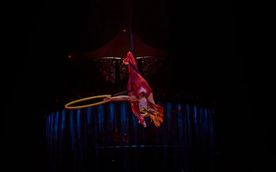 Performer suspended in air during Kooza show in Brisbane.