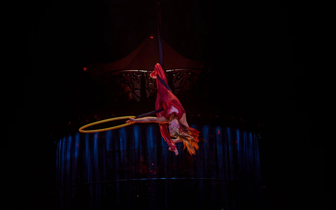 Performer suspended in air during Kooza show in Brisbane.