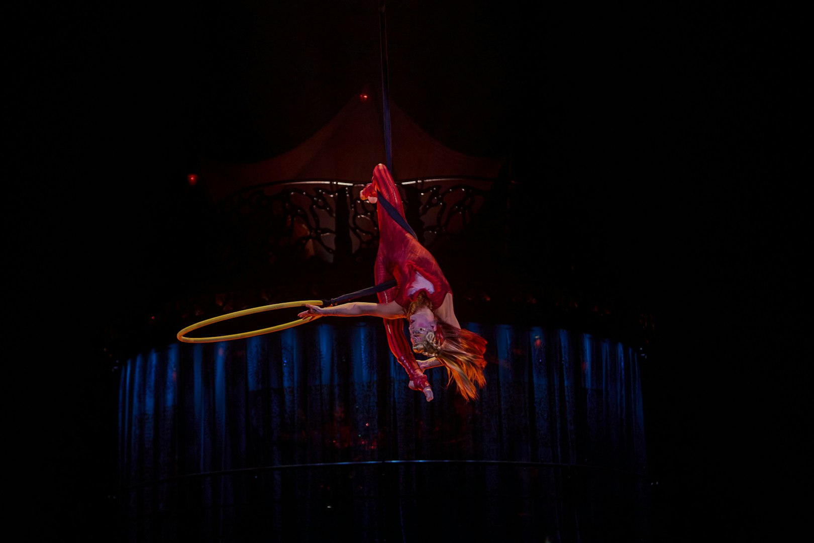Performer suspended in air during Kooza show in Brisbane.