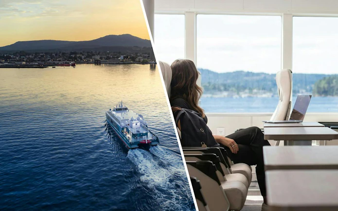 Ferry traveling from Vancouver to Nanaimo with passenger seated inside enjoying the view.