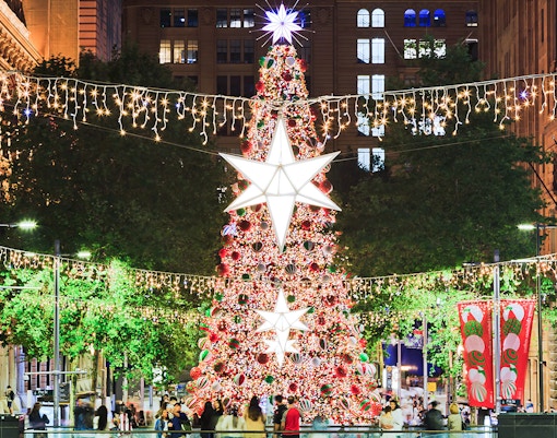 Christmas tree with lights and decorations in Sydney Martin Place.