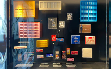 Chocolate molds and packaging display at Lindt Home of Chocolate Museum, Zurich.
