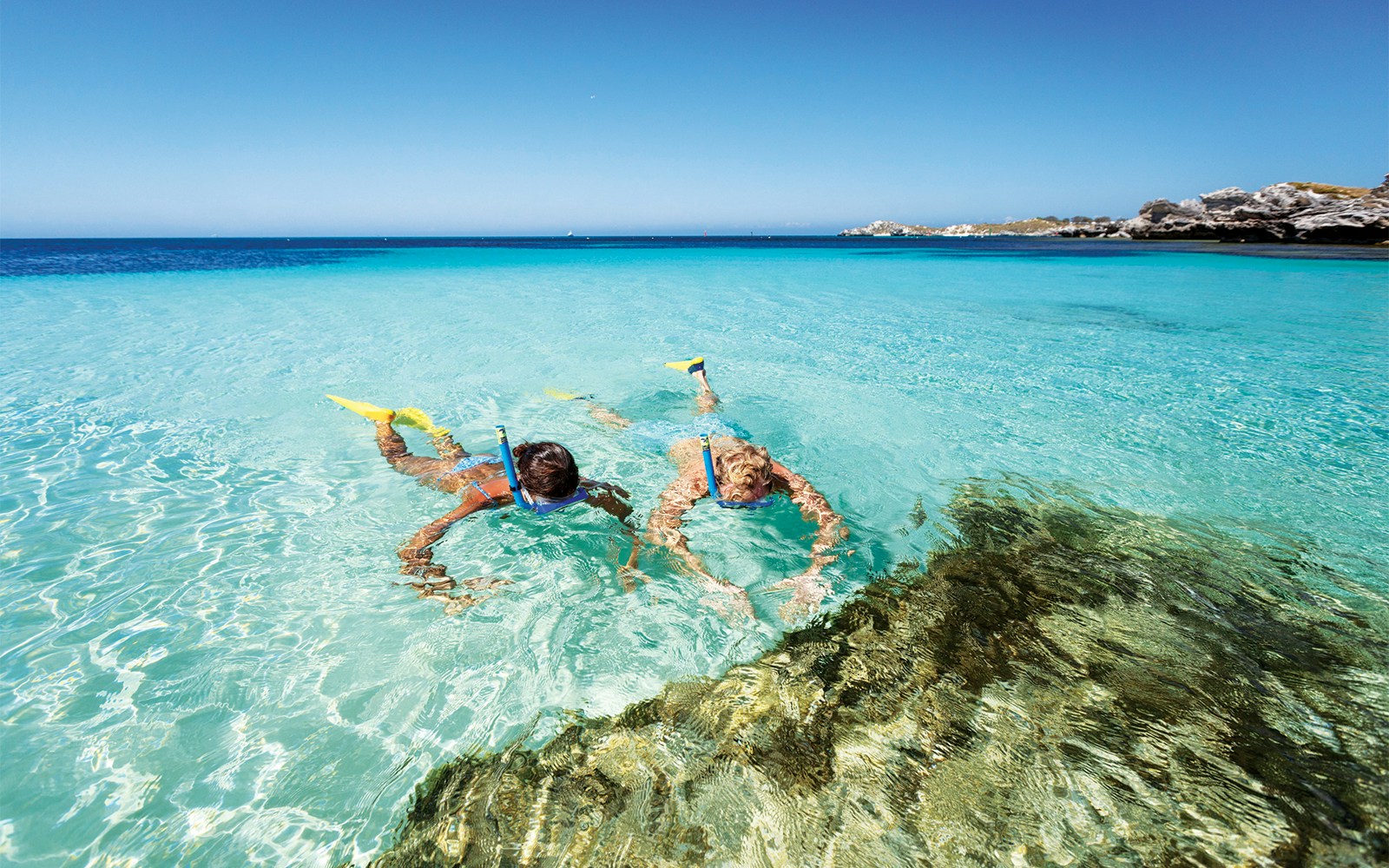 Two people snorkeling with yellow fins in clear water at Rottnest Island.