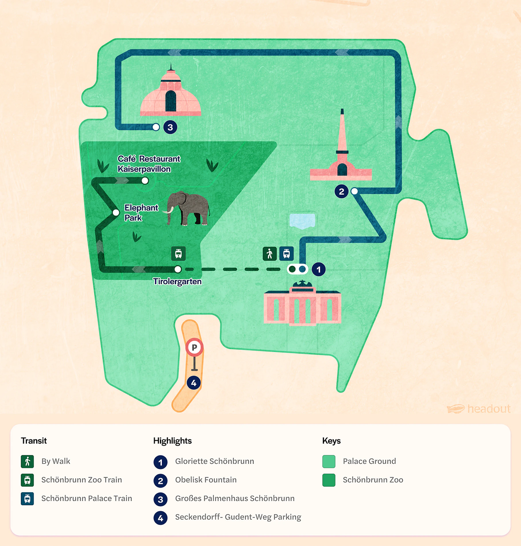 Schonbrunn Zoo train map showing routes to Elephant Park and Gloriette in Vienna.