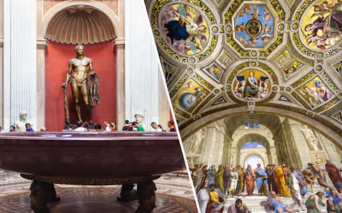 Vatican Museums statue and Sistine Chapel ceiling art, Rome bus tour combo.