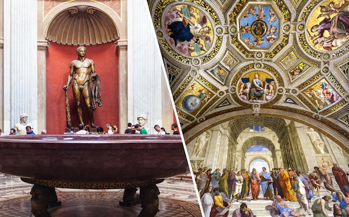 Vatican Museums statue and Sistine Chapel ceiling art, Rome bus tour combo.