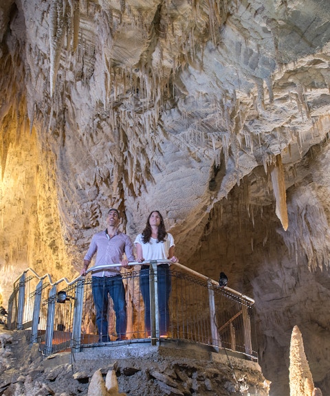 Visitors exploring stalactites in Ruakuri Cave, New Zealand.