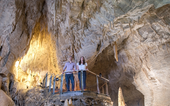 Visitors exploring stalactites in Ruakuri Cave, New Zealand.