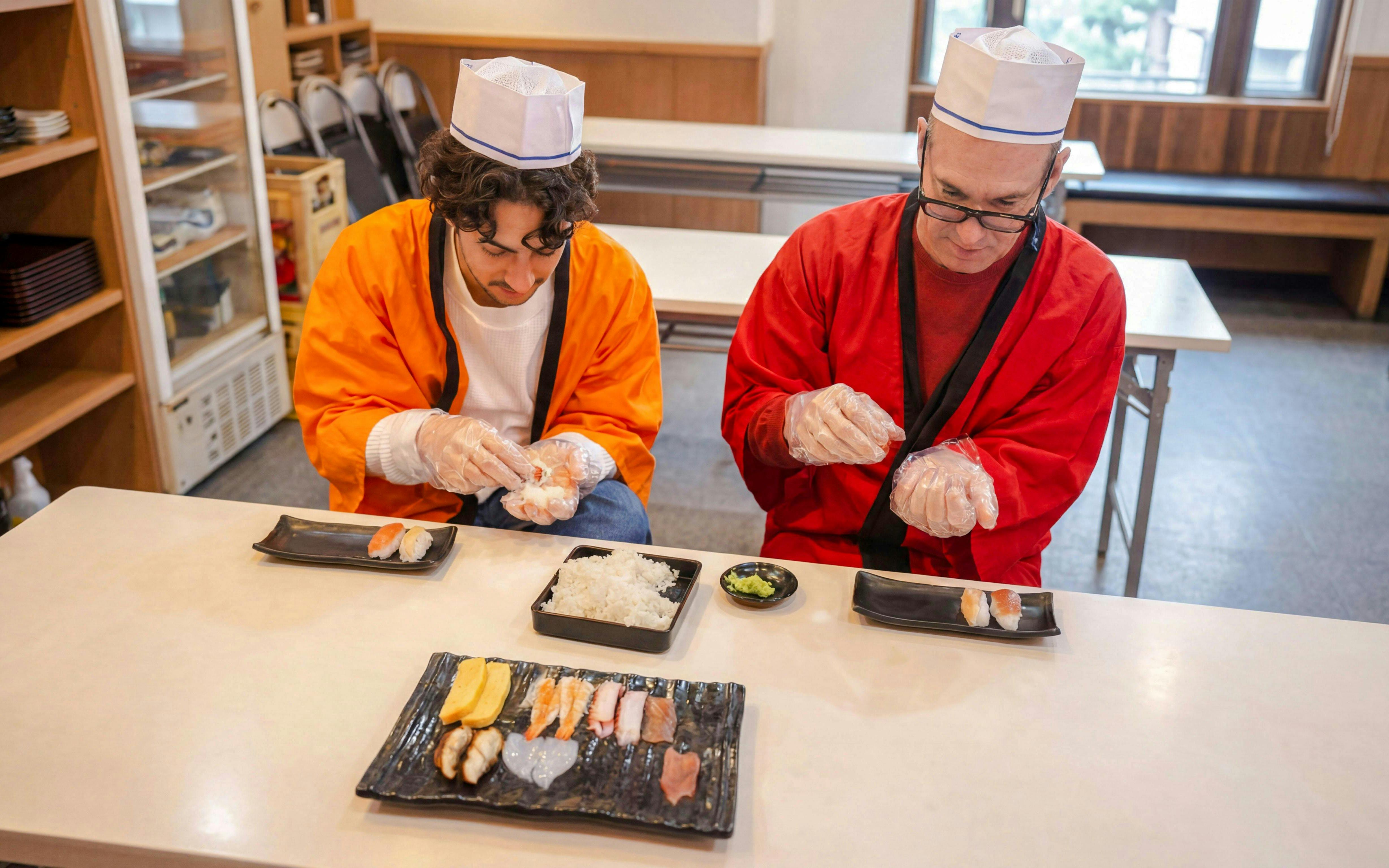 Tourists making sushi at a workshop in Osaka, Japan.