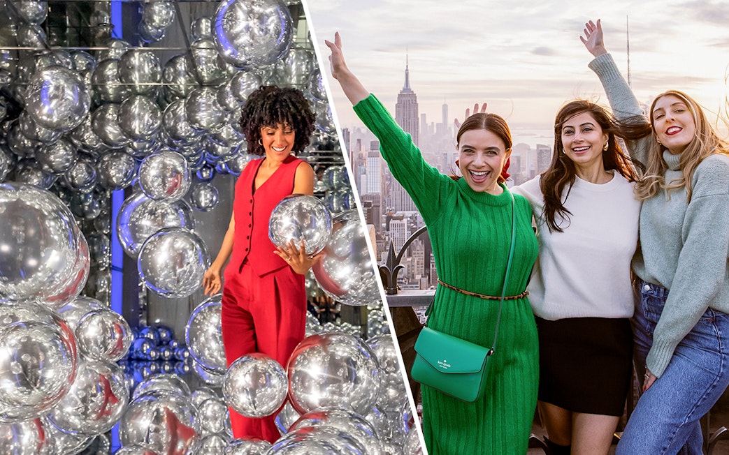 Visitors enjoying SUMMIT One Vanderbilt's mirrored art and Top of the Rock's city view.