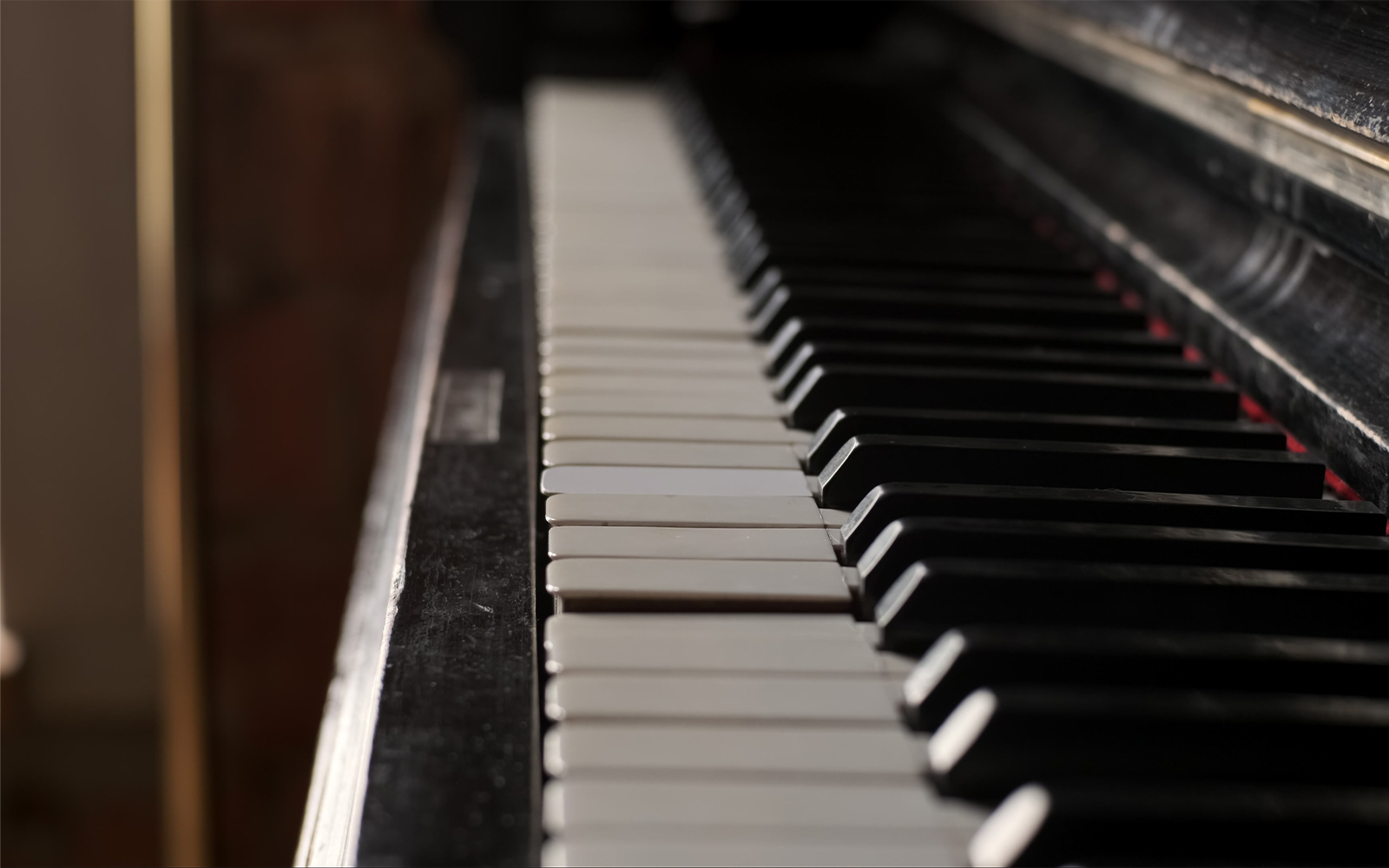 Close-up of piano keys in soft lighting.